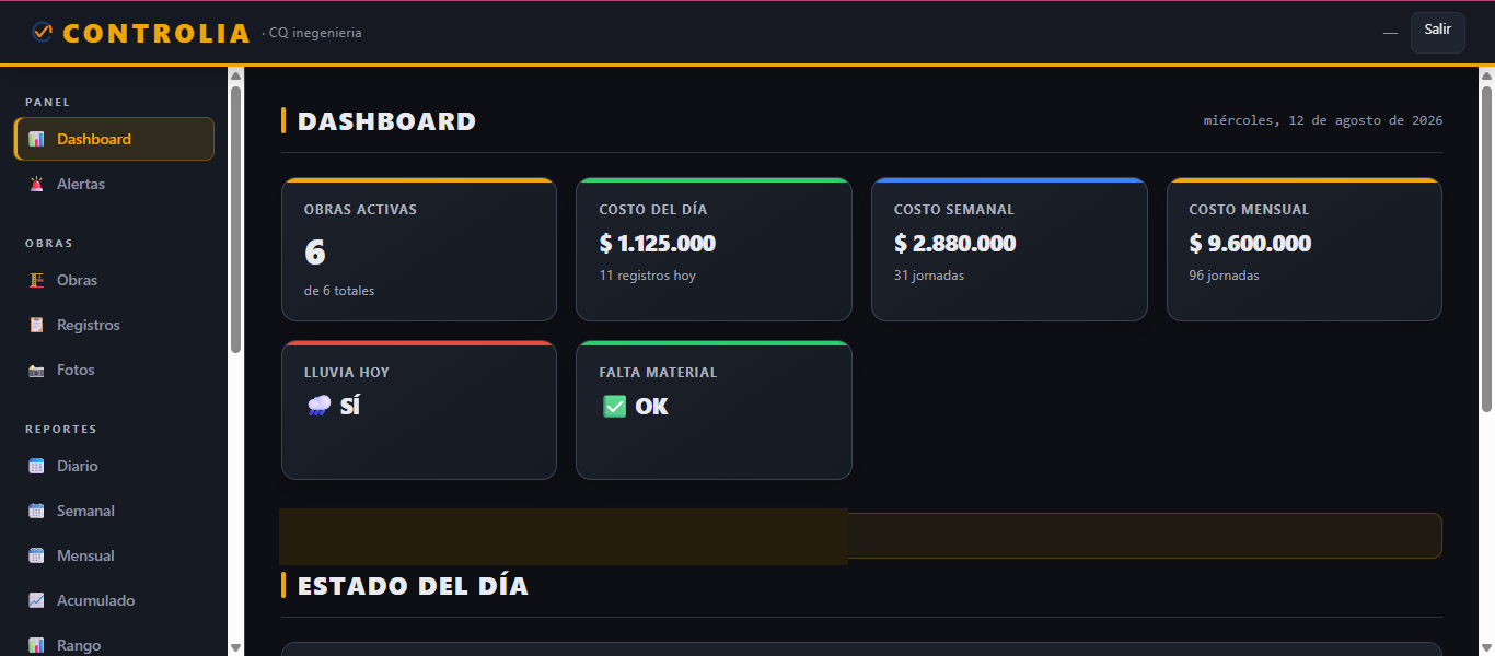 Dashboard de CONTROLIA con obras activas, costos y alertas de campo