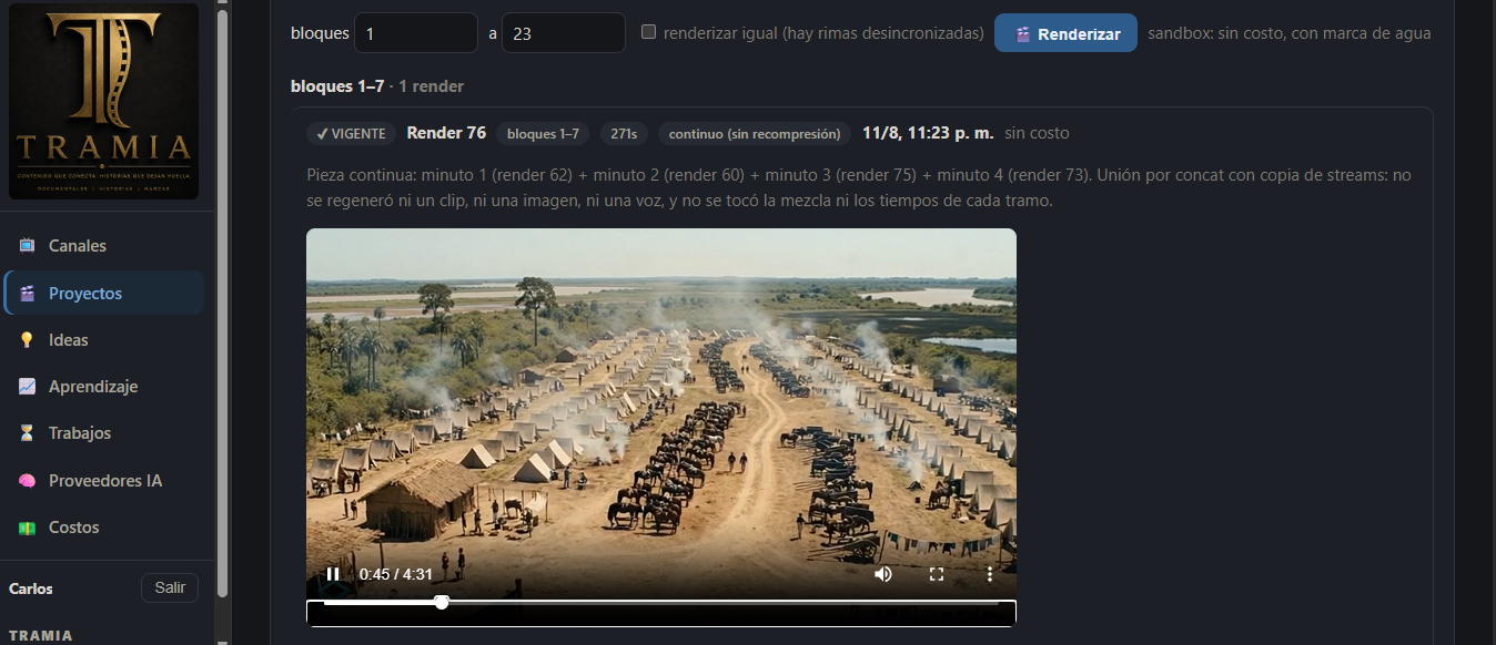 Render continuo de un documental dentro de TRAMIA